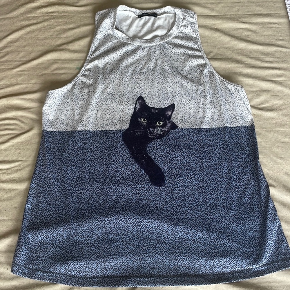 Women’s Two-Tone Cat Graphic Tank Top - Blue/White